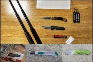 Bahnhöfe mit beschlagnahmten Waffen und verbotenen Gegenständen zur Sicherstellung der öffentlichen Sicherheit.