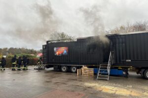 Feuerwehrleute trainieren unter realistischen Bedingungen in beheiztem Brandübungscontainer. Einsatz und Teamarbeit im Fokus.