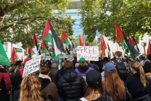Pro-Palästina-Demo in Berlin mit Transparenten und Menschenmenge, die politische Botschaften äußert.