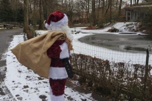 Nikolaus im winterlichen Tierpark Chemnitz verteilt Geschenke und begleitet Tierfütterungen.