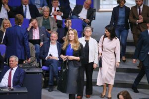 Katharina Dröge kritisiert AfD-Provokationen im Bundestag während einer Debatte.