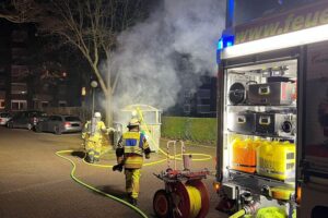 Feuerwehr bei nächtlichen Einsätzen: Containerbrände, Unfall mit Wildschwein, Rettungskräfte aktiv.
