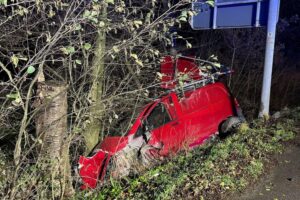 Kleintransporter rutscht Abhang hinunter, Feuerwehr befreit Fahrerin, Straße vorübergehend gesperrt.