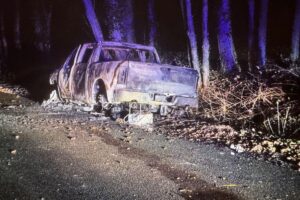 Eine ausgebrannte Karosserie eines Autos nach nächtlichem Brand, Feuerwehr im Einsatz.