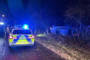 Polizei am Unfallort in Karlstein; alkoholisiertes Auto im Gebüsch, Fahrer festgenommen.