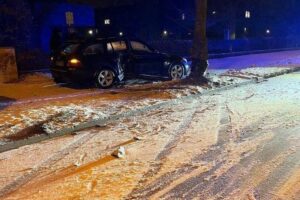 Unfallauto gegen Baum, gefälschte Kennzeichen, Polizei vor Ort, Verletzter Fahrer.