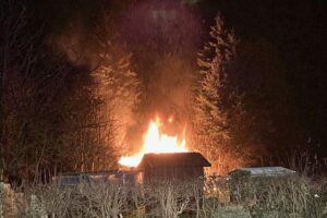 Brennende Gartenhütte, Feuerwehr im Einsatz, Polizei ermittelt, Tatverdächtiger festgenommen, pyrotechnische Materialien sichergestellt.