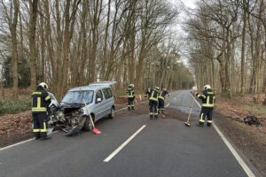 Schwerer Verkehrsunfall: zerstörtes Auto, Baum, Feuerwehr und Rettungskräfte an der Unfallstelle.