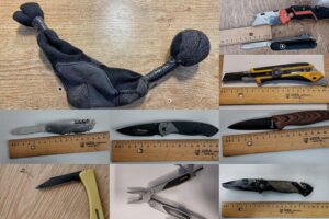 Mehrere sichergestellte Messer und Waffen der Bundespolizei aus Kontrollen in Kiel und Lübeck.