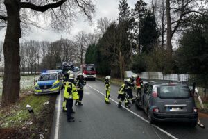 Feuerwehr im Einsatz, Lkw und Pkw-Unfall, ausgelaufene Betriebsmittel werden gesichert.