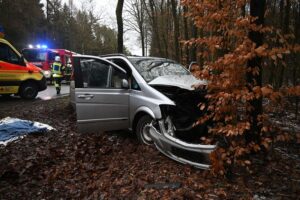 Ein schwerer Verkehrsunfall mit einem Pkw, der gegen einen Baum prallt. Rettungskräfte vor Ort.