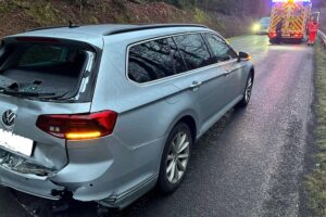 Auffahrunfall durch Wildschweine: verunfallte Fahrzeuge, Polizei und Feuerwehr im Einsatz.
