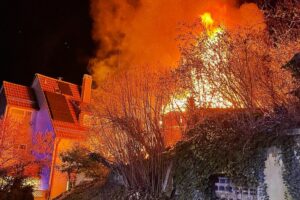 Flammenzunge schlagen aus Gartenhütte, Feuerwehr im Einsatz, Einsatzkräfte retten nahes Wohnhaus.