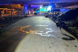 Pedelecfahrer stürzt auf Öllache, Polizei ermittelt, Zeugen gesucht. Notsituation auf Straßenverkehr.