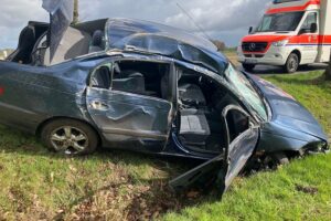 Unfallstelle mit zerstörtem Toyota zwischen Bäumen und Leitpfosten auf Kreisstraße.