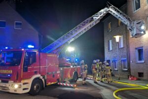 Brand in Mehrfamilienhaus, Feuerwehr im Einsatz, Rettung von Bewohnern und Haustieren.
