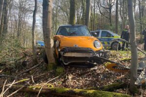 Unfallfahrzeug im Gebüsch, Polizei vor Ort, betrunken, beschädigte Leitplanke, verletzter Fahrer.