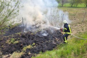 Feuerwehr im Einsatz gegen Böschungsbrand an Bundesstraße, mit Löschfahrzeugen und Einsatzkräften.