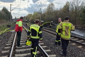 Führungskräfte besprechen Lage mit Förster, Feuerwehrleute bei Einsatz gegen Böschungsbrand.
