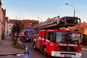 Feuerwehr rettet Menschen, Hund und Katze aus brennendem Mehrfamilienhaus in Wittenberg.