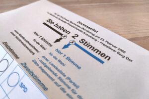 Stimmzettel der Bundestagswahl 2025, Symbol für Wahlrechtsreform-Debatte zwischen SPD und Union.