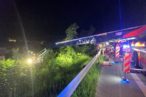 E-Scooter, Feuerwehr-Einsatz, Nacht, Böschung, Suche nach Verletztem, unwegsames Gelände, Drohne.