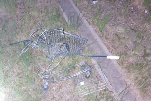 Ein zerstörter Einkaufswagen auf Gleisen nach einem Zugunfall in Neubrandenburg.