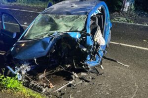 Verunfallter Pkw gegen Straßenbaum, Feuerwehr im Einsatz, Rettungsmaßnahmen, Einsatzkräfte vor Ort.
