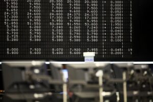 DAX-Ticker mit Minuszeichen, Aktienkurse, Börsenhandel, wirtschaftliche Unsicherheit, Investoren reagieren.