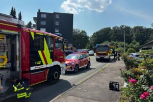 Feuerwehr im Einsatz, Rauch und Feuerwehrfahrzeuge vor Einfamilienhaus, dramatische Brandbekämpfungsszene.