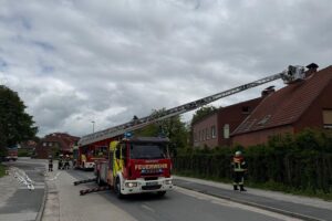 Feuerwehr im Einsatz gegen Kaminbrand, Flammen aus Schornstein, Drehleiter und rettende Maßnahmen.
