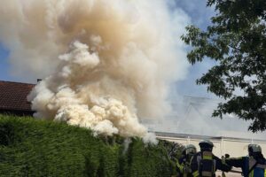 Rauchentwicklungen, Feuerwehr im Einsatz, brennende Hecke, Rettungskräfte, Garagenhof, Sicherheitsmaßnahmen, Verletzte Personen.