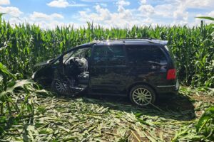 Ein Unfallwagen zwischen Bäumen und einem Maisfeld, Feuerwehr im Einsatz, Rettungskräfte aktiv.