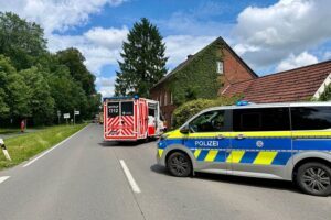 Einsatzkräfte der Feuerwehr bei Verkehrsunfall, Fahrzeug im Gebüsch, Person eingeklemmt.