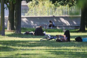 Hitzewelle im Juni 2026: sonnige Landschaft, hohe Temperaturen, trockene Erde, blühende Natur.