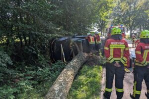 Schwerer Unfall auf Kreisstraße 26: Golf auf dem Dach, umgestürzte Birke, Feuerwehr und Polizei am Einsatzort.