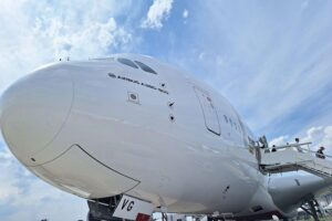 Airbus A380-800 im Archiv: Aufruf von Airbus-Chef Obermann zu besserer EU-Zusammenarbeit in Rüstung.