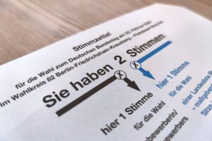 Stimmzettel der Bundestagswahl 2025, Symbol für bevorstehende Wahlrechtsreform und politische Diskussionen.