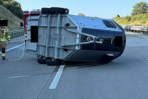 Umgekippter Pferdeanhänger auf der A9 bei Bad Lobenstein, Feuerwehr rettet das Pferd (Archivfoto).