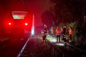 S-Bahn auf der Strecke, umgestürzter Baum und beschädigte Oberleitungen; Feuerwehr Dortmund sichert den Abschnitt.